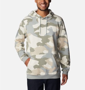 Beige Men's Columbia Logo Printed Hoodie | KWGEI-1629