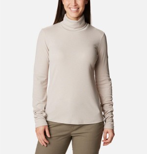 Beige Women's Columbia Boundless Trek Ribbed Turtleneck Long Sleeve T-Shirt | YVECS-0472