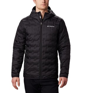 Black Men's Columbia Delta Ridge Hooded Insulated Puffer Jacket | VHUQX-8035