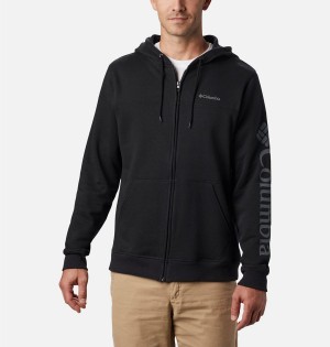 Black Men's Columbia Logo Full Zip Hoodie Fleece Jacket | RNCYA-5160