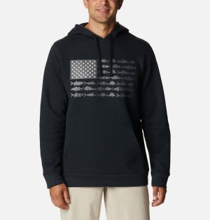 Black Men's Columbia PFG Fish Flag II Hoodie | YQEGA-1204