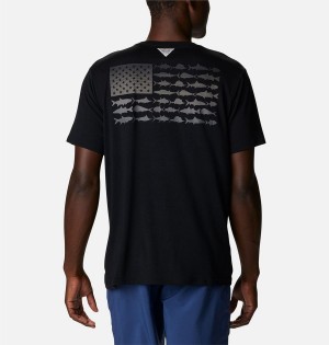 Black Men's Columbia PFG Fish Flag Tech Short Sleeve T-Shirt | VDLBO-0914