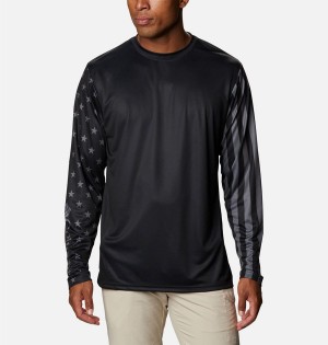 Black Men's Columbia PFG Terminal Tackle Americana Long Sleeve T-Shirt | QWUMV-8341