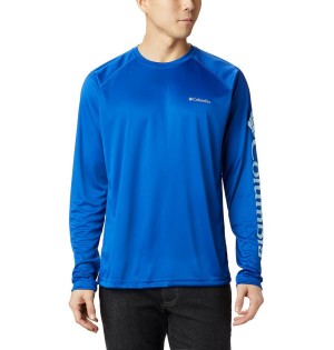 Blue Men's Columbia Fork Stream Long Sleeve T-Shirt | XRZMF-2108