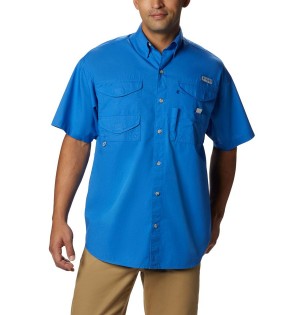 Blue Men's Columbia PFG Bonehead Short Sleeve Shirt | DGBVU-2670