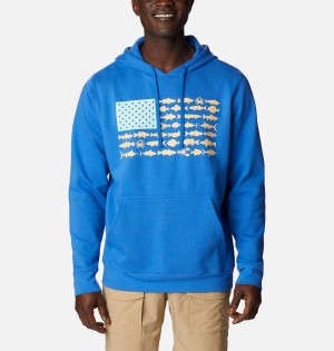 Blue Men's Columbia PFG Fish Flag II Hoodie | ENAPD-0925