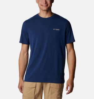 Blue Men's Columbia PFG Fish Flag Tech Short Sleeve T-Shirt | IFYEC-2840