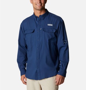 Blue Men's Columbia PFG Skiff Guide Woven Long Sleeve Shirt | VDEON-7084