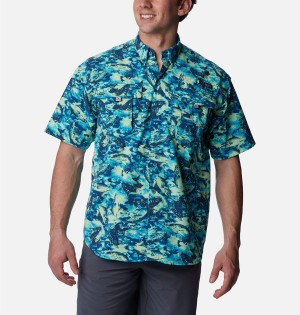 Blue Men's Columbia PFG Super Bahama Short Sleeve Shirt | QTPSU-1875