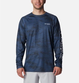 Blue Men's Columbia PFG Super Terminal Tackle Long Sleeve T-Shirt | WHFOQ-6093