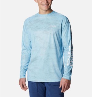 Blue Men's Columbia PFG Terminal Deflector Printed Long Sleeve T-Shirt | YBZFI-6821