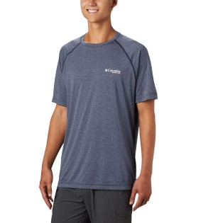 Blue Men's Columbia PFG Terminal Tackle Heather Short Sleeve T-Shirt | QNOVT-0127