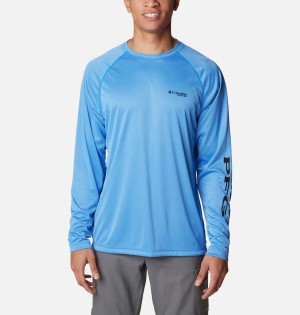 Blue Men's Columbia PFG Terminal Tackle Heather Long Sleeve T-Shirt | XDQNH-0163