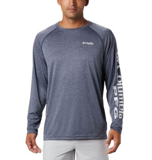 Blue Men's Columbia PFG Terminal Tackle Heather Long Sleeve T-Shirt | ZVQGJ-2140