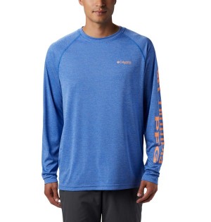 Blue Men's Columbia PFG Terminal Tackle Heather Long Sleeve T-Shirt | FOHBX-4095