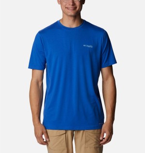 Blue Men's Columbia PFG Triangle Fill Tech T-Shirt | OWVEI-5467