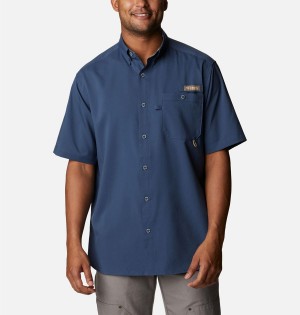 Blue Men's Columbia PHG Bucktail Short Sleeve Woven Shirt | ZDYLV-7608