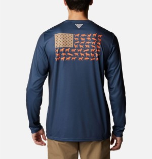 Blue Men's Columbia PHG Terminal Shot Game Flag Long Sleeve T-Shirt | ORPHC-0958