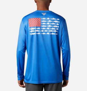 Blue Men's Columbia Terminal Tackle PFG Fish Flag Long Sleeve T-Shirt | RCBJS-9241