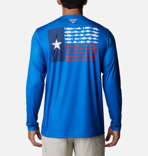 Blue Men's Columbia Terminal Tackle PFG Fish Flag Long Sleeve T-Shirt | TQSHI-4397