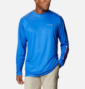 Blue Men's Columbia Terminal Tackle PFG Logo Print Long Sleeve T-Shirt | NVKLZ-0142