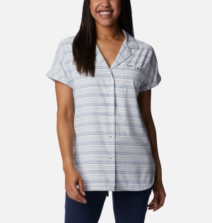 Blue Women's Columbia PFG Sun Drifter Woven Short Sleeve Shirt | YNHSC-8965