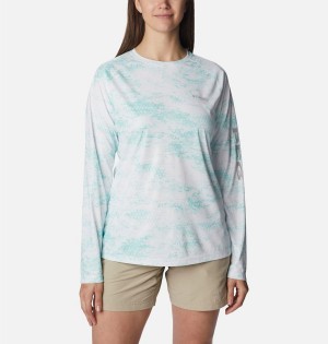 Blue Women's Columbia PFG Tidal Deflector Printed Long Sleeve T-Shirt | OJIPB-1032