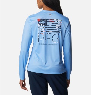 Blue Women's Columbia PFG Tidal Fish Star Long Sleeve T-Shirt | USBNM-1603