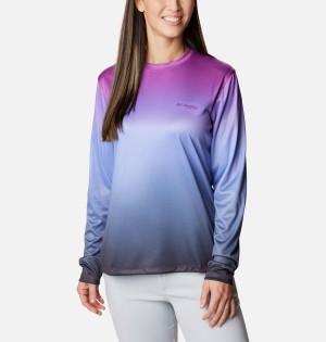 Blue Women's Columbia PFG Tidal Isle Rise Fade Long Sleeve T-Shirt | VGEHU-0213