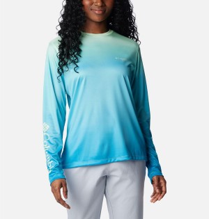 Blue Women's Columbia PFG Tidal Isle Rise Fade Long Sleeve T-Shirt | PZVKB-8301