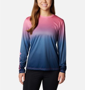 Blue Women's Columbia PFG Tidal Isle Rise Fade Long Sleeve T-Shirt | OBREU-0785