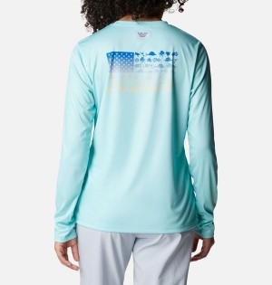 Blue Women's Columbia Tidal PFG Fish Flag Long Sleeve T-Shirt | OBNIJ-8746