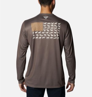 Brown Men's Columbia PHG Terminal Shot Game Flag Long Sleeve T-Shirt | NLXDG-8039