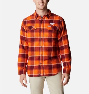 Burgundy Men's Columbia Collegiate Flare Gun Flannel Long Sleeve - Virginia Tech Shirt | KRWIZ-1370