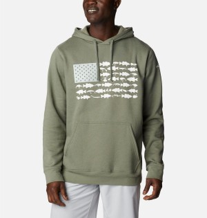 Green Men's Columbia PFG Fish Flag II Hoodie | BLYXR-8795