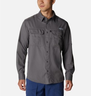 Grey Men's Columbia PFG Drift Guide Woven Long Sleeve Shirt | EHFIG-1645