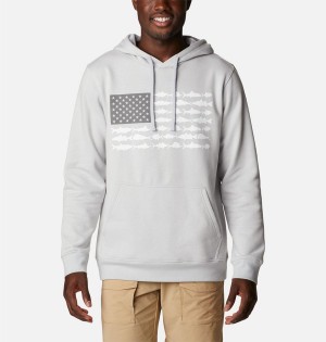 Grey Men's Columbia PFG Fish Flag II Hoodie | LPDEB-2971