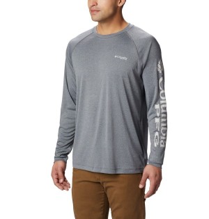 Grey Men's Columbia PFG Terminal Tackle Heather Long Sleeve T-Shirt | BHWDK-8369