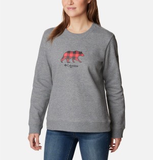 Grey Women's Columbia Hart Mountain II Graphic Crew Pullover | IBLQV-0154