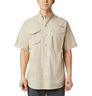 Khaki Men's Columbia PFG Bonehead Short Sleeve Shirt | KFCZE-5817