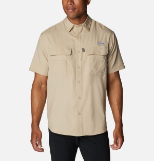 Khaki Men's Columbia PFG Drift Guide Woven Short Sleeve Shirt | WCPGI-9067