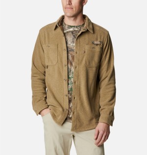 Khaki Men's Columbia PHG Bucktail Fleece Over Shirt | MIQFL-8631