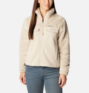 Khaki Women's Columbia Lodge Hybrid Sherpa Full Zip Fleece Jacket | NVKLJ-3801