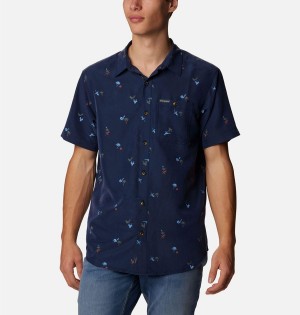 Navy Men's Columbia Captree Island Short Sleeve Shirt | MNTXV-7289