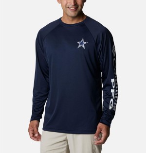 Navy Men's Columbia Collegiate PFG Terminal Tackle Long Sleeve - Dallas Cowboys T-Shirt | UZKIC-1486