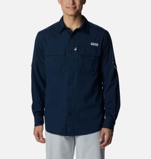 Navy Men's Columbia PFG Drift Guide Woven Long Sleeve Shirt | POHEQ-5308