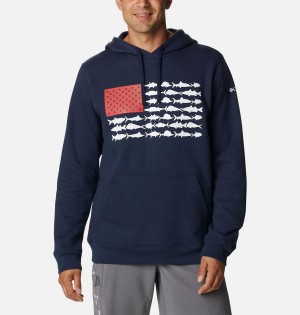 Navy Men's Columbia PFG Fish Flag II Hoodie | CSWNU-5271