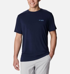 Navy Men's Columbia PFG Fish Flag Tech Short Sleeve T-Shirt | MHOCE-3527