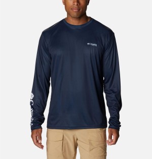 Navy Men's Columbia PFG Terminal Tackle Fish Star Long Sleeve T-Shirt | WKAZM-5290