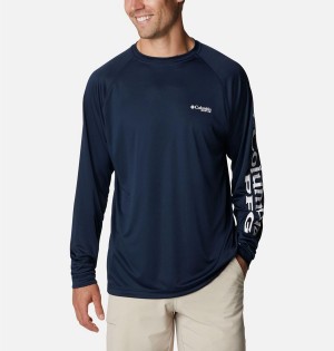 Navy Men's Columbia PFG Terminal Tackle Long Sleeve T-Shirt | XKRTY-8716